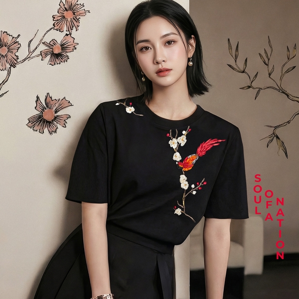 Áo Thun Thêu Ruy Băng Thủ Công - Phụng Điểu Thưởng Mai