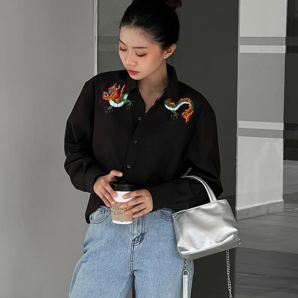 Áo Sơ Mi Thêu Ruy Băng Thủ Công - Rồng Phú Quý XANH