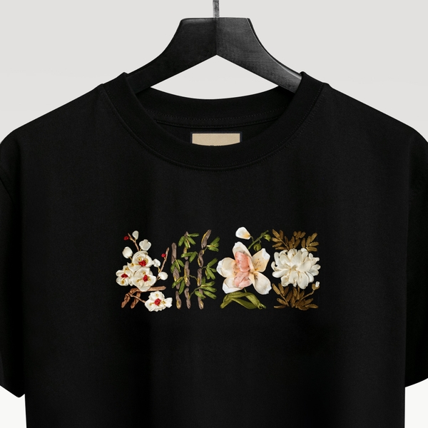 Áo Thun Thêu Ruy Băng Thủ Công - Mai Lan Cúc Trúc (Tứ Quý)