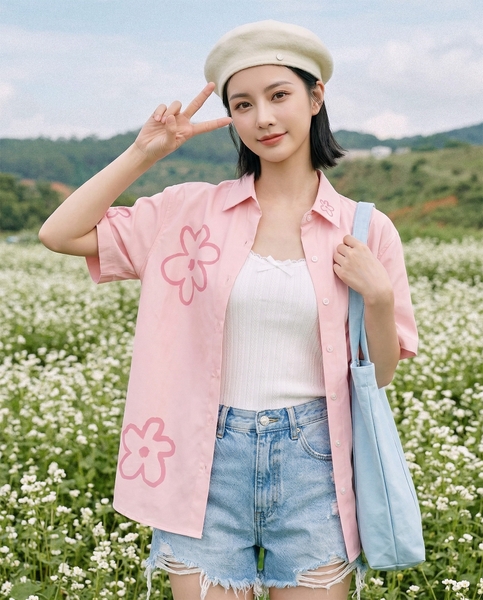 Áo Sơ Mi Tay Ngắn - Flower Pattern Đen / Hồng