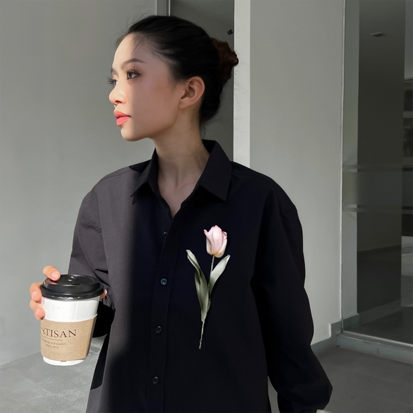 Áo Sơ Mi Thêu Ruy Băng Thủ Công - Hoa Tulip Hồng Tô Màu Nước