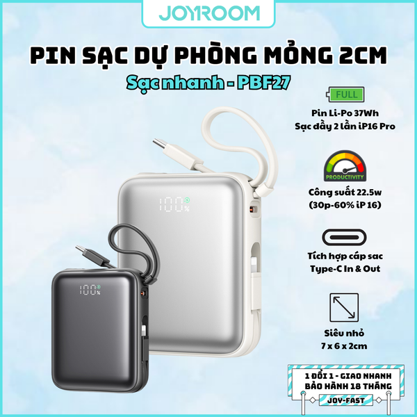 Sạc dự phòng JOYROOM 10000mah PBF27 22.5W siêu nhỏ tích hợp cáp sạc Type C và Lightning dùng cho iPhone 16 , Samsung S24 , Fold