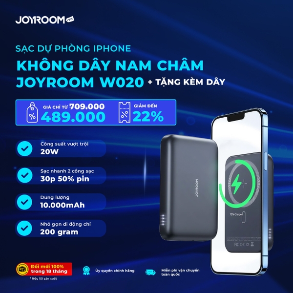 Sạc dự phòng iPhone Joyroom W020 công suất 20W-10000mAh nam châm magsafe với nhiều màu sắc tặng kèm cáp sạc