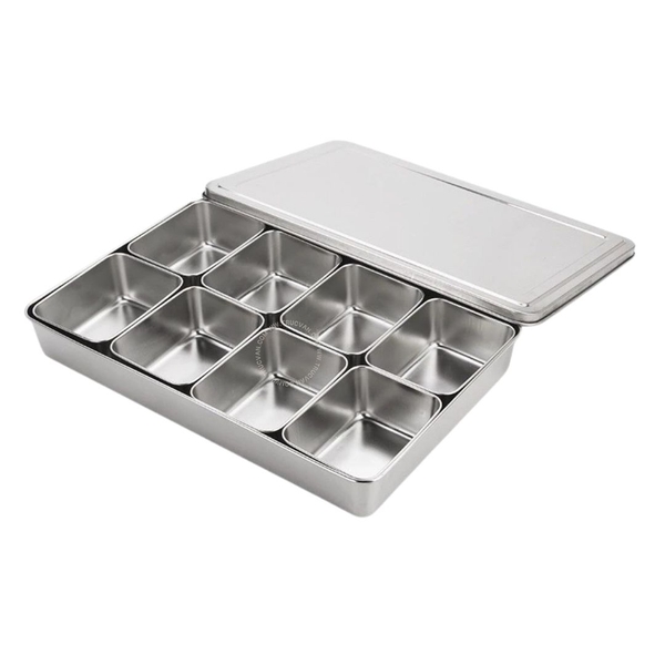 Khay inox đựng topping 8 ngăn kèm nắp