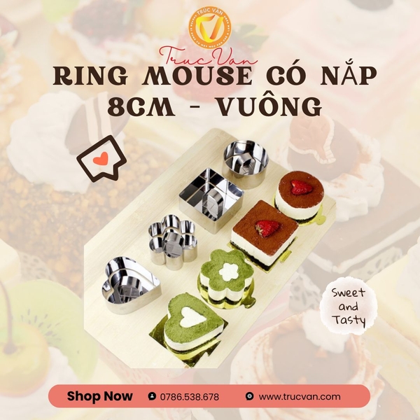 Khuôn ring mousse có nắp 8cm vuông