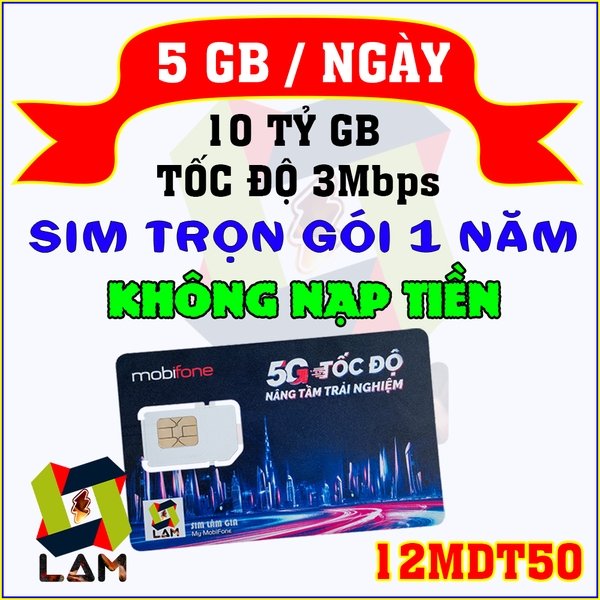 Sim 4G Mobifone 5GB 1 Ngày (Có eSIM) - Trọn gói 12 Tháng KHÔNG NẠP TIỀN (12MDT50 12FD50)