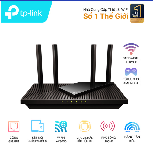 Phát Wifi TP-Link Archer AX55 WIFI 6 (AX3000Mbps/4 Ăngten/Mesh/35 User) VAT