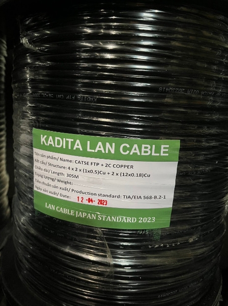 Cáp mạng Liền nguồn KADITA 5E+2C UTP NGOÀI TRỜI ĐỒNG 100% 305M VAT