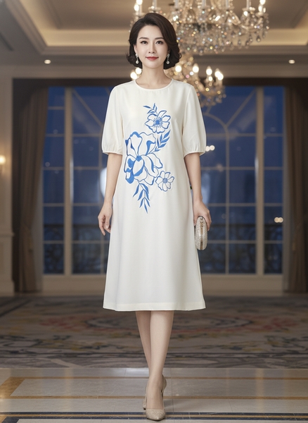 M COLLECTION | Váy Đầm Nữ Trung Niên Tặng Mẹ Cổ Tròn Vải Lụa Dày Thêu Hoa Tay Ngắn Sang Trọng D13361LW01