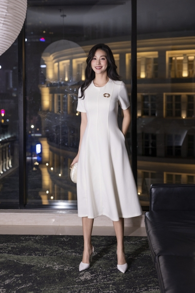 SWANLAKE | Váy Đầm Midi Nữ Phom A Vải Thun Dày Cổ Tròn Tay Ngắn Có Túi Công Sở Đi Tiệc D13379MW01