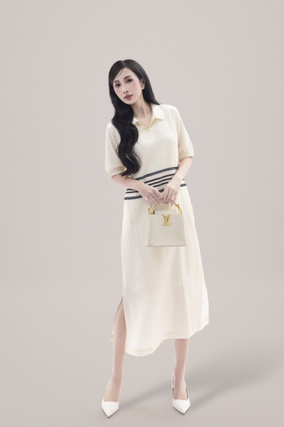 Váy Đầm Nữ Tay Ngắn Cổ Sơ Mi Vải Tơ Phối Ren Sọc Ngang Có Túi Công Dở Dạo Phố D13017LW01