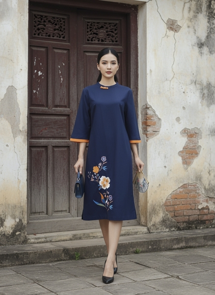 SWANLAKE | Váy Đầm Midi Nữ Phom Suông Cổ Tròn Tay Lỡ Thêu Hoa Chất Vải Linen Đi Tết Dự Tiệc D13232LW01