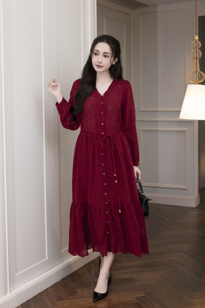 SWANLAKE | Váy Đầm Nữ Maxi Suông Đuôi Cá Xòe Cài Nút Cotton Tay Dài Dây Thắt Eo Tiệc Công Sở D13100LW01