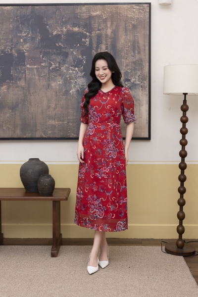 SWANLAKE | Váy Đầm Nữ Maxi Suông Vải Tơ In Hoa Cổ Tròn Tay Bí Phồng Chiết Eo Đi Tiệc Công Sở D13245LW01