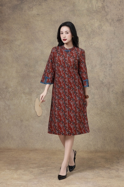 SWANLAKE | Váy Đầm Nữ Midi Suông Phom A Tay Lỡ Cổ Tàu Vải Linen Bông Sang Trọng Dự Tiệc D13241LW01