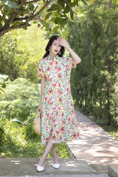 SWANLAKE | Váy Đầm Sơ Mi Nữ Suông Maxi Đuôi Cá Cài Nút Công Sở Biển Hè Linen In Hoa Có Túi D12758LW01