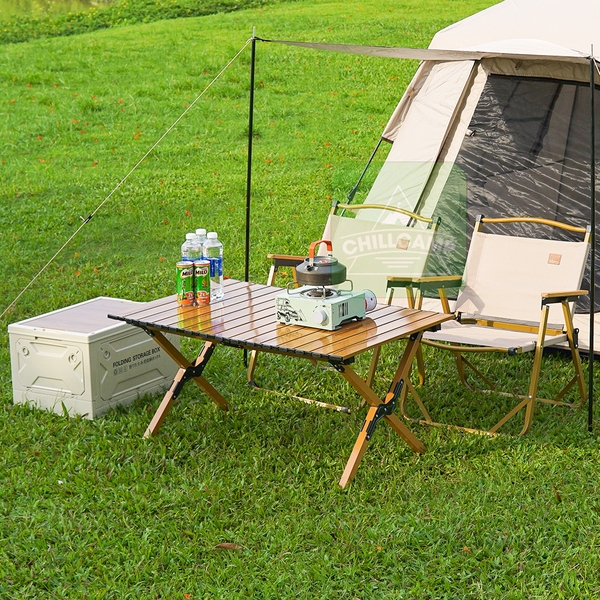 Bàn dã ngoại vân gỗ gấp gọn khung thép cacbon