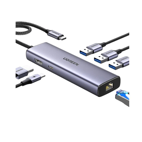Hub USB Type-C 6 trong 1 ra HDMI 4K@30Hz, USB 3.0, Lan 1Gbps, Sạc PD 100W Ugreen 15598 hàng chính hãng