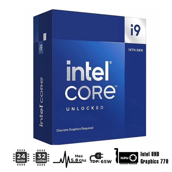 Bộ vi xử lý Intel Core i9-14900K Socket LGA1700 - 24 core 32 thread up to 6GHz, bao gồm 8 lõi P-core (3.2 upto 5.6GHz)/ 36MB Intel® Smart Cache/ Max TDP 253W/ Intel® UHD Graphics 770/ no Fan, Unlocked