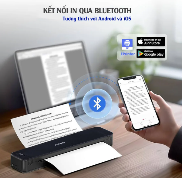 Máy in khổ A4 di động P832 (Bluetooth, USB, Giấy A4 thường, Pin sạc)