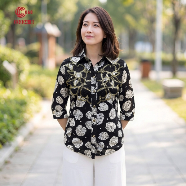 23234 - Sơ Mi Tay Lỡ In Họa Tiết Lá Monstera Phối Ren Đá Pha Lê 