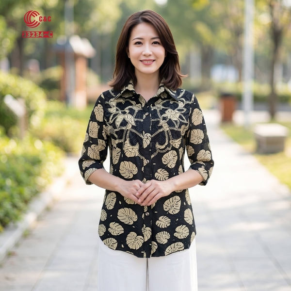23234 - Sơ Mi Tay Lỡ In Họa Tiết Lá Monstera Phối Ren Đá Pha Lê 