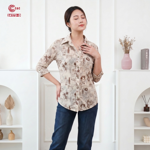 24173 - Áo Sơ Mi Thun Lưới Họa Tiết Retro Vintage