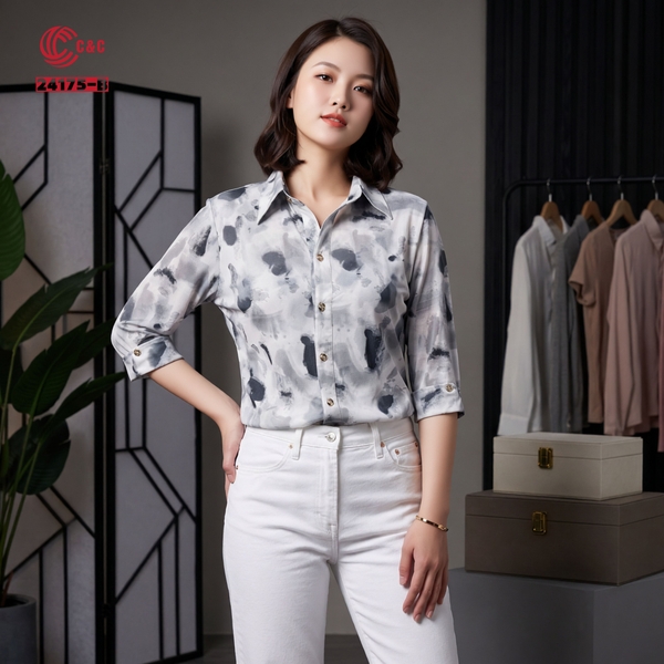 24175 - Áo Sơ Mi Thun Lưới Họa Tiết Trừu Tượng