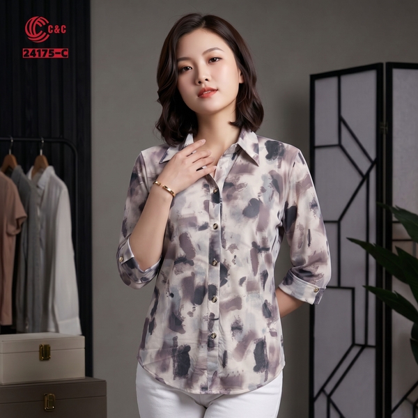 24175 - Áo Sơ Mi Thun Lưới Họa Tiết Trừu Tượng