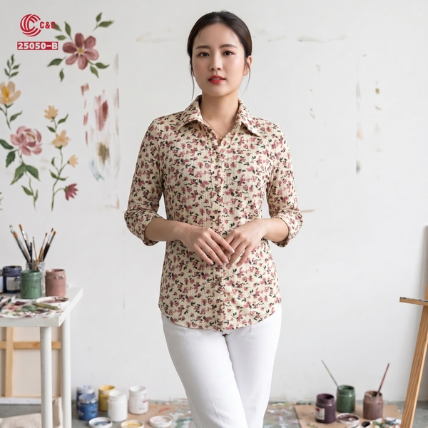 25050 - Áo Sơ Mi Lưới 2 Lớp Dập Gân In Họa Tiết Hoa Nghệ Thuật