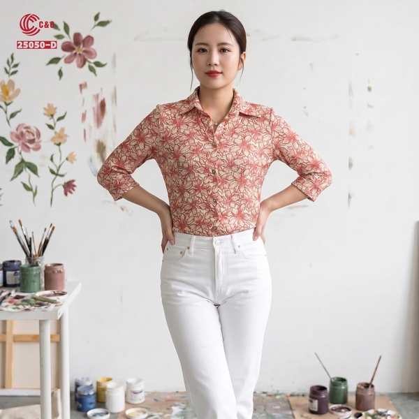 25050 - Áo Sơ Mi Lưới 2 Lớp Dập Gân In Họa Tiết Hoa Nghệ Thuật