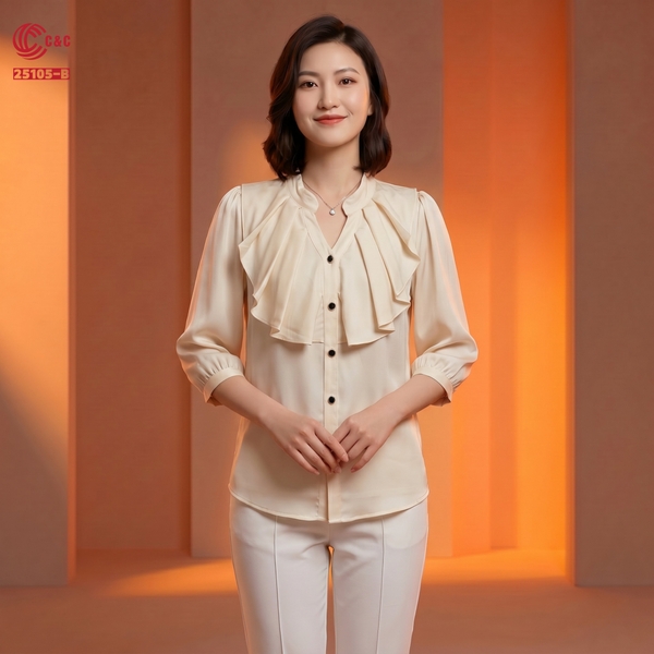 25105 - Áo Sơ Mi Lụa Cổ Trụ Chữ V Bèo Nhún Phối 5 Nút Kiểu
