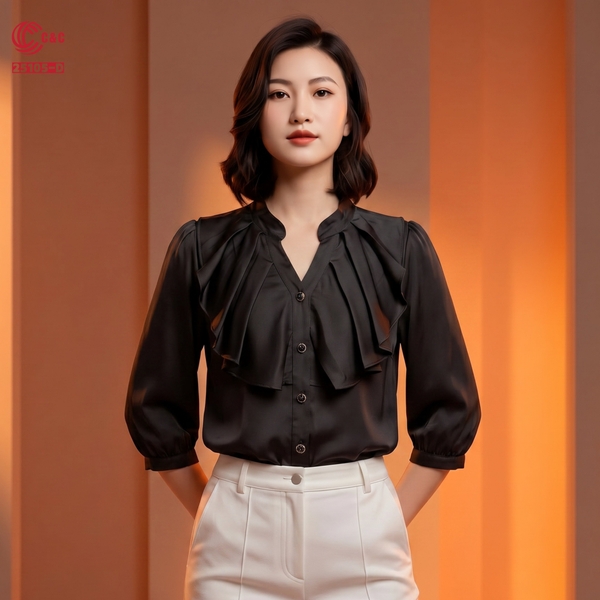 25105 - Áo Sơ Mi Lụa Cổ Trụ Chữ V Bèo Nhún Phối 5 Nút Kiểu