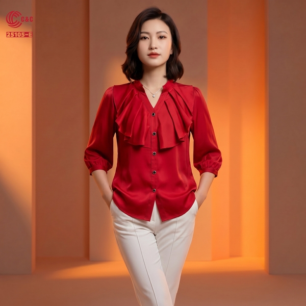 25105 - Áo Sơ Mi Lụa Cổ Trụ Chữ V Bèo Nhún Phối 5 Nút Kiểu