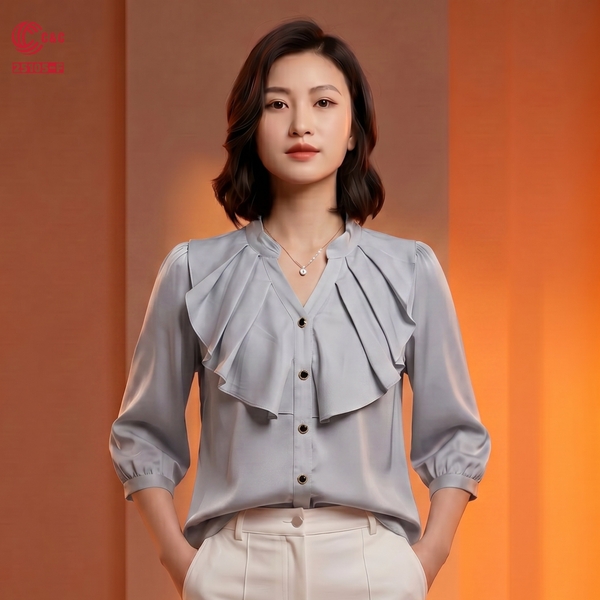 25105 - Áo Sơ Mi Lụa Cổ Trụ Chữ V Bèo Nhún Phối 5 Nút Kiểu