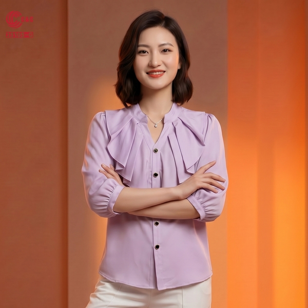 25105 - Áo Sơ Mi Lụa Cổ Trụ Chữ V Bèo Nhún Phối 5 Nút Kiểu