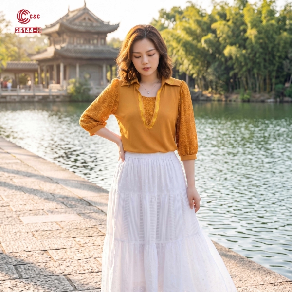 25144 - Áo Sơ Mi Phối Ren Phong Cách Thanh Lịch
