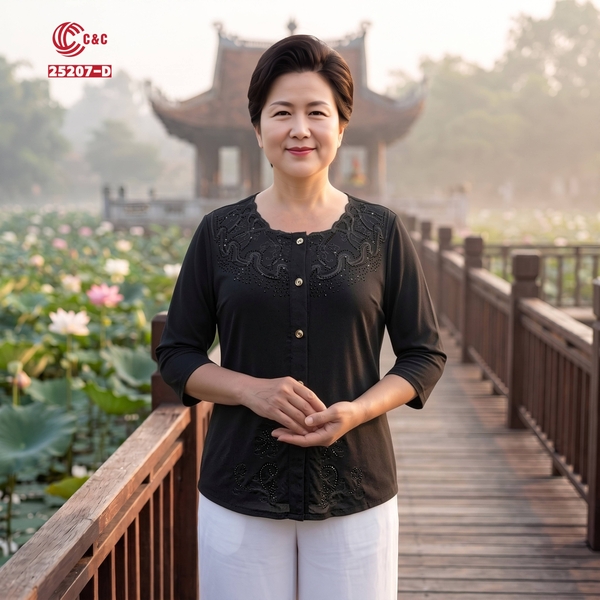 25207 - Áo Sơ Mi Tay Lỡ Cổ Phối Ren Sóng Hoa Đính Đá