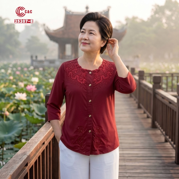 25207 - Áo Sơ Mi Tay Lỡ Cổ Phối Ren Sóng Hoa Đính Đá