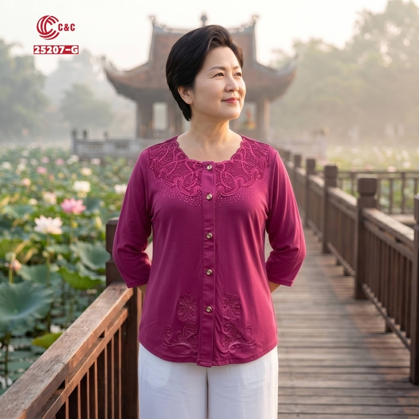 25207 - Áo Sơ Mi Tay Lỡ Cổ Phối Ren Sóng Hoa Đính Đá