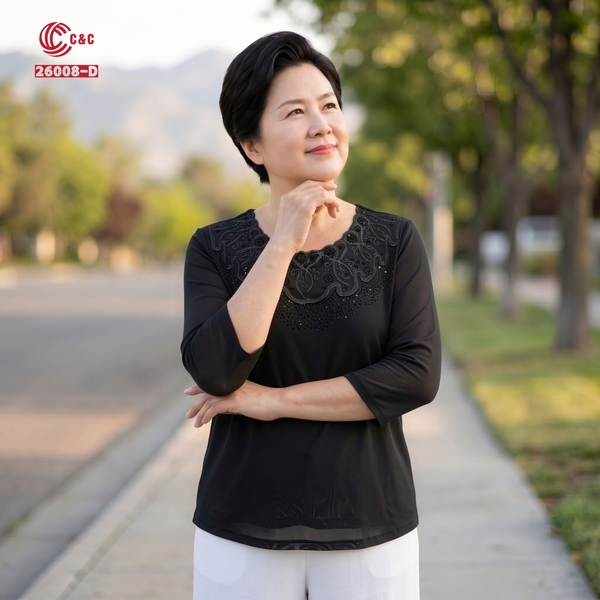 26008 - Áo Cổ Tròn Thêu Gợn Sóng Đính Đá Thủy Tinh