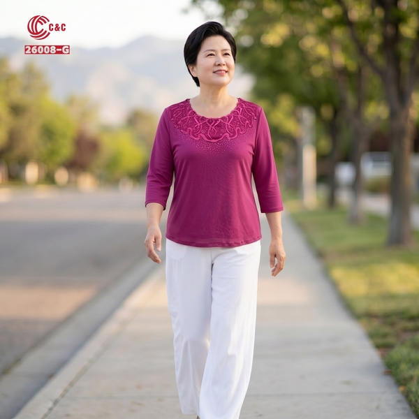 26008 - Áo Cổ Tròn Thêu Gợn Sóng Đính Đá Thủy Tinh