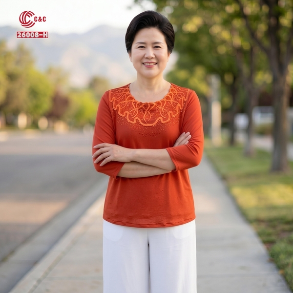 26008 - Áo Cổ Tròn Thêu Gợn Sóng Đính Đá Thủy Tinh