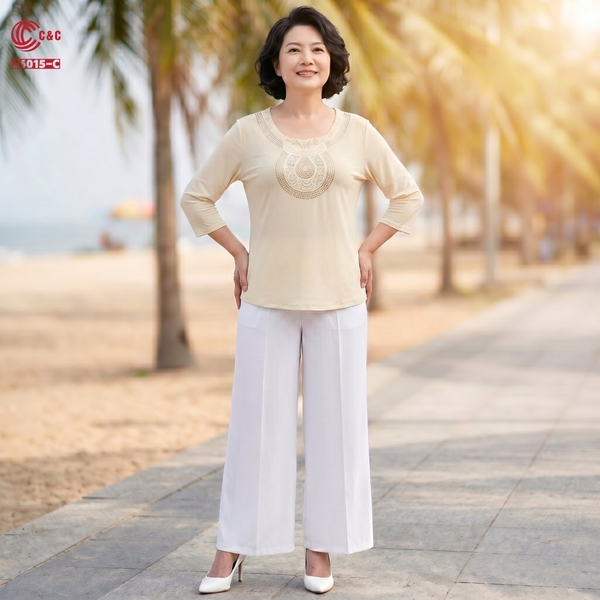 26015 - Áo Lưới Dẻo Thêu Hoa Văn Cổ Đính Đá Thủy Tinh