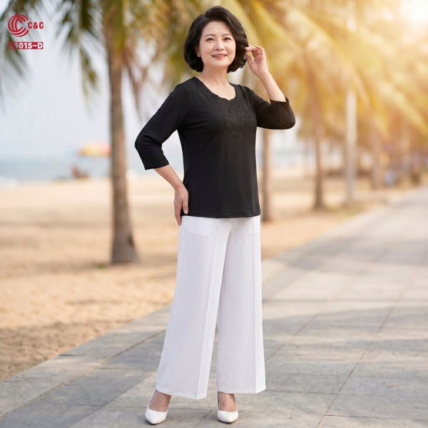 26015 - Áo Lưới Dẻo Thêu Hoa Văn Cổ Đính Đá Thủy Tinh