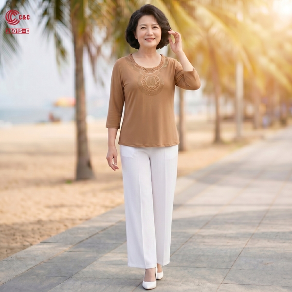 26015 - Áo Lưới Dẻo Thêu Hoa Văn Cổ Đính Đá Thủy Tinh