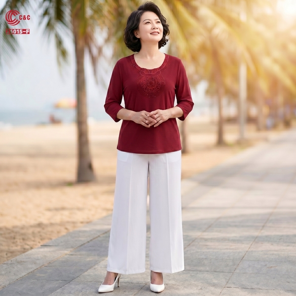 26015 - Áo Lưới Dẻo Thêu Hoa Văn Cổ Đính Đá Thủy Tinh