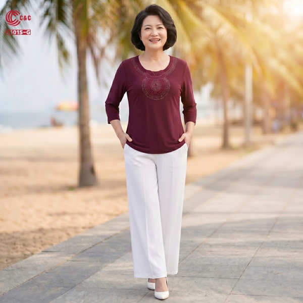 26015 - Áo Lưới Dẻo Thêu Hoa Văn Cổ Đính Đá Thủy Tinh
