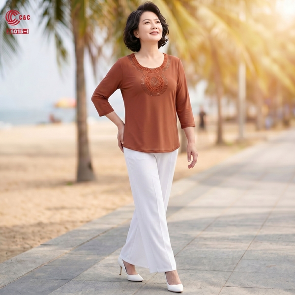 26015 - Áo Lưới Dẻo Thêu Hoa Văn Cổ Đính Đá Thủy Tinh