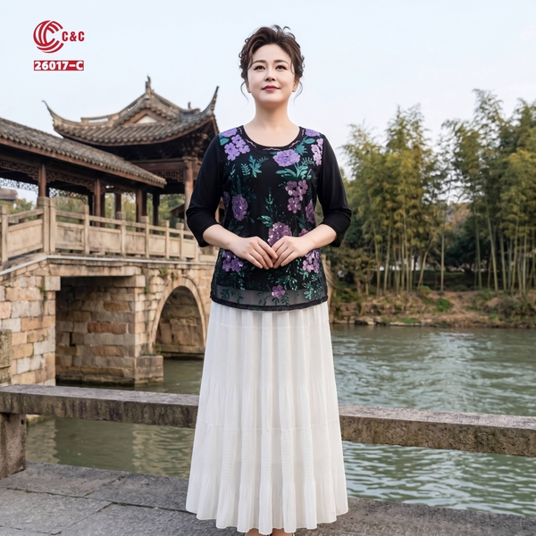 26017 - Áo Kiểu Tay Lỡ Thêu Hoa Kim Sa Đính Đá Pha Lê Sang Trọng